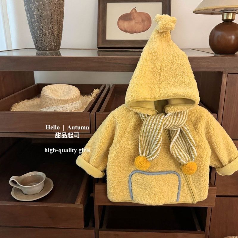 Children's Yellow Lamb Fleece Elf Hat Jacket Warm Winter Coat_voghion.com