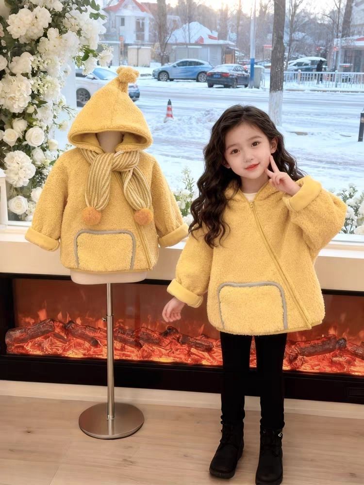 Children's Yellow Lamb Fleece Elf Hat Jacket Warm Winter Coat_voghion.com