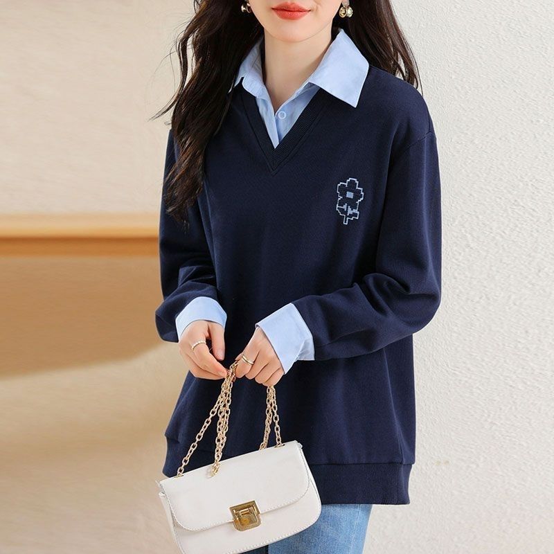 长袖假两件休闲卫衣女2025春秋新款韩版大码胖MM减龄洋气上衣宽松