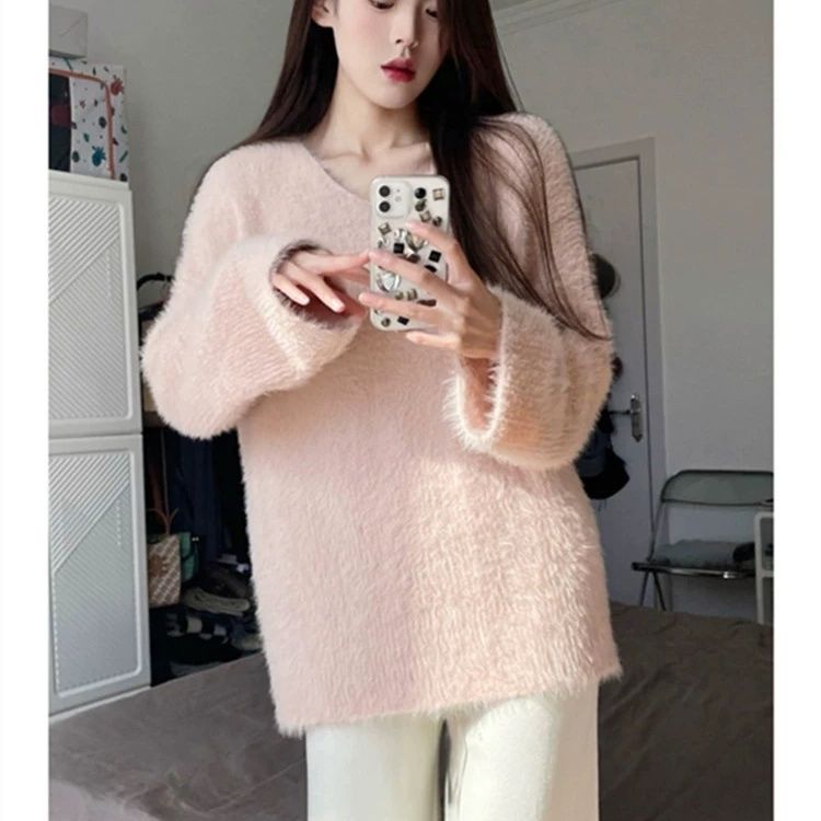 新款冬装秋冬温柔上衣水貂绒毛粉色毛衣慵懒