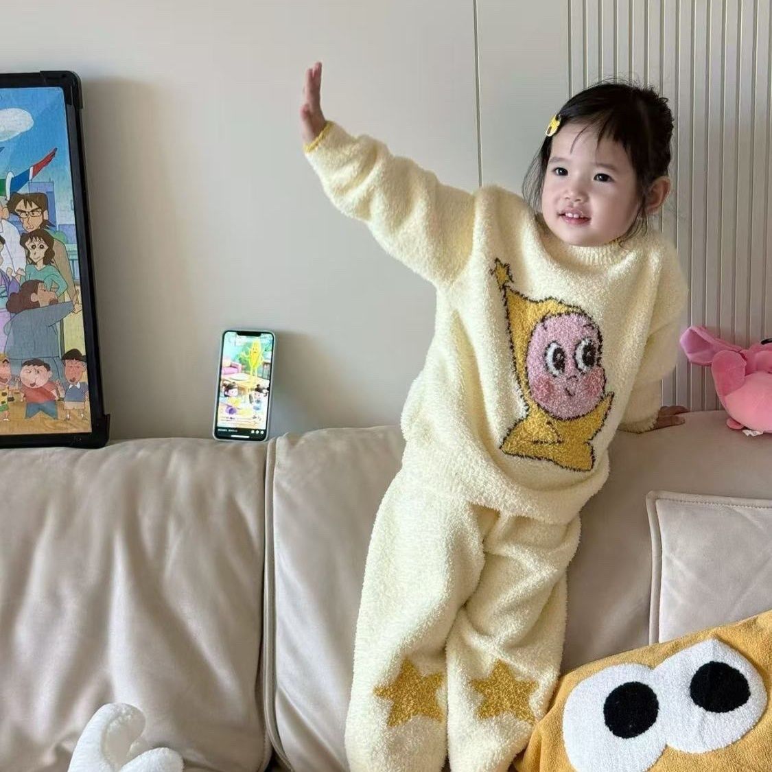 亲子装儿童家居服套装新款卡通星星人半边绒加厚秋冬保暖女孩睡衣【3天内发货】