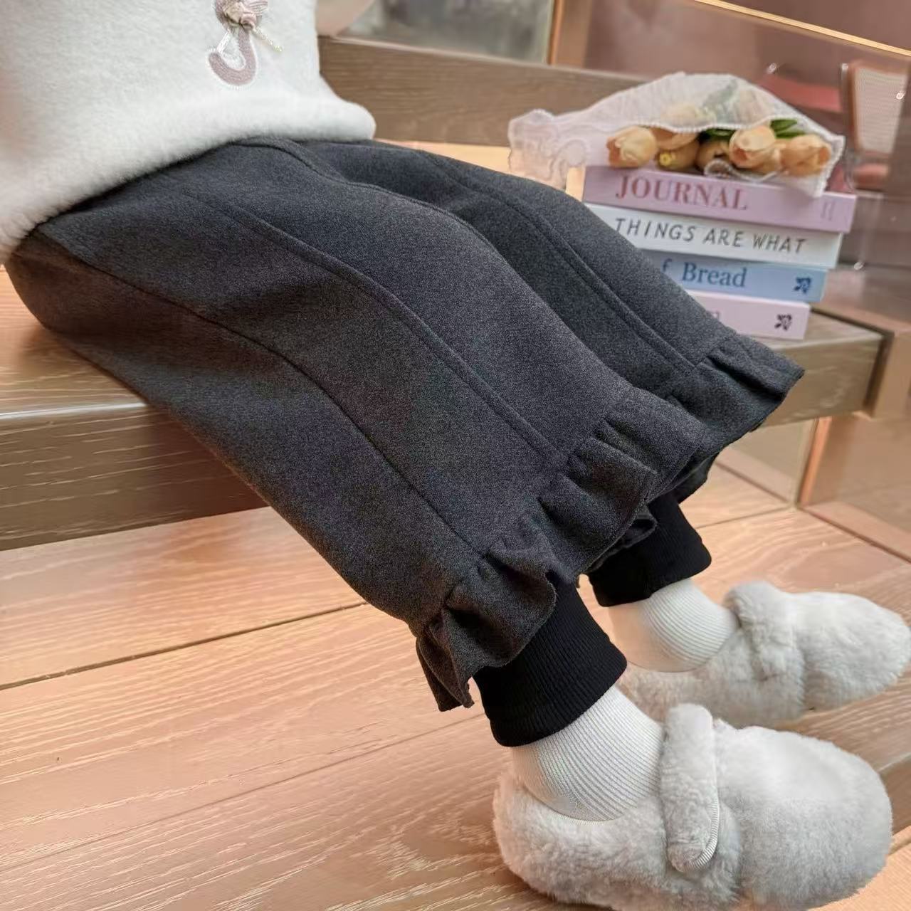 女童花边加绒裤子秋冬季2025新款洋气女宝宝冬装假两件休闲束脚裤