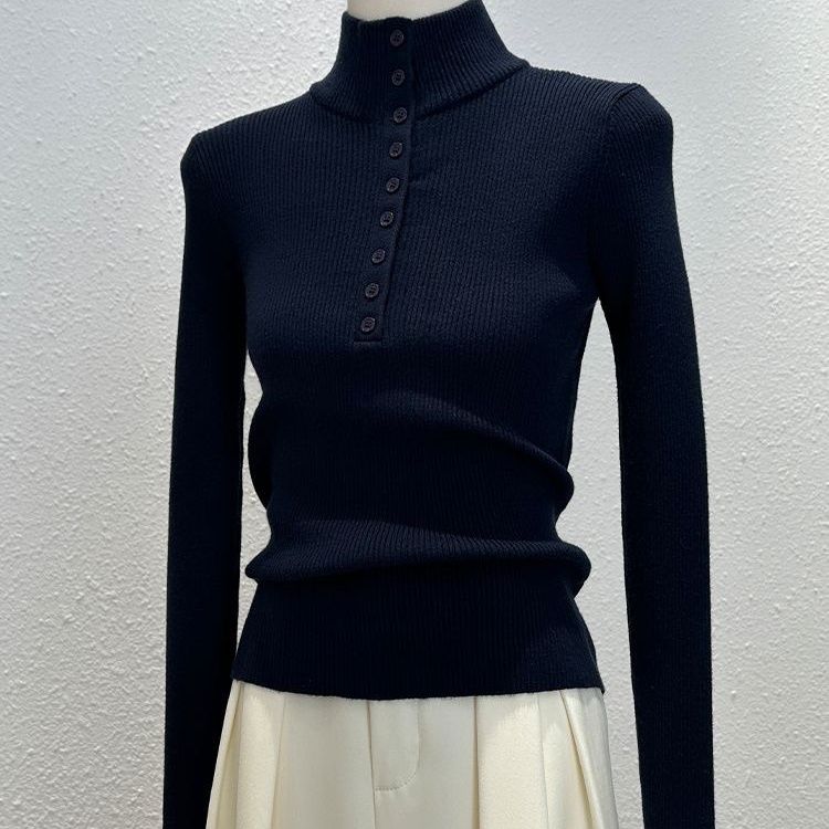 高级感半开领纽扣正肩t恤女秋冬德绒新款宽松保暖打底衫内搭上衣