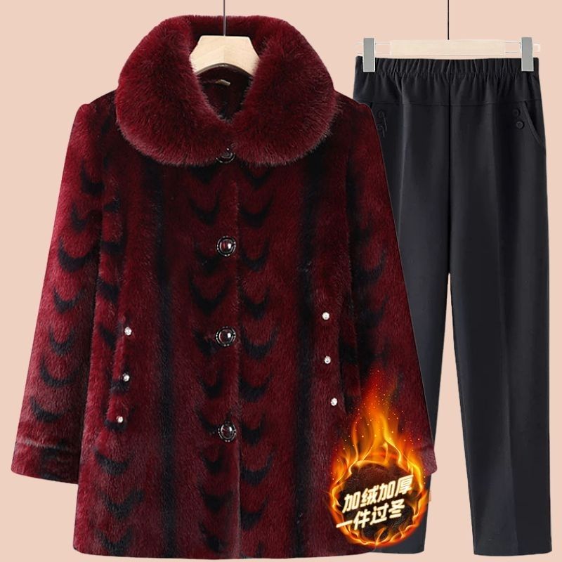 中老年妈妈高贵优雅毛呢外套奶奶保暖大衣仿水貂加绒加厚喜庆棉衣