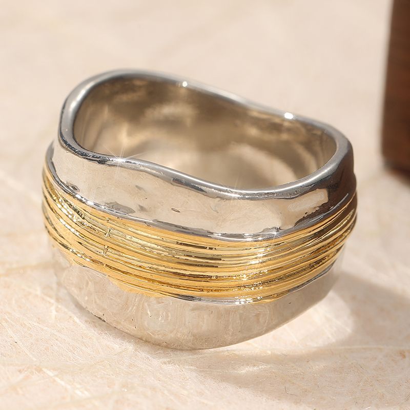Unique Gold And Silver Colour-blocked Wide Band Designer Ring_voghion.com