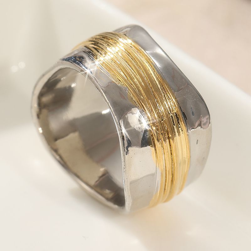 Unique Gold And Silver Colour-blocked Wide Band Designer Ring_voghion.com