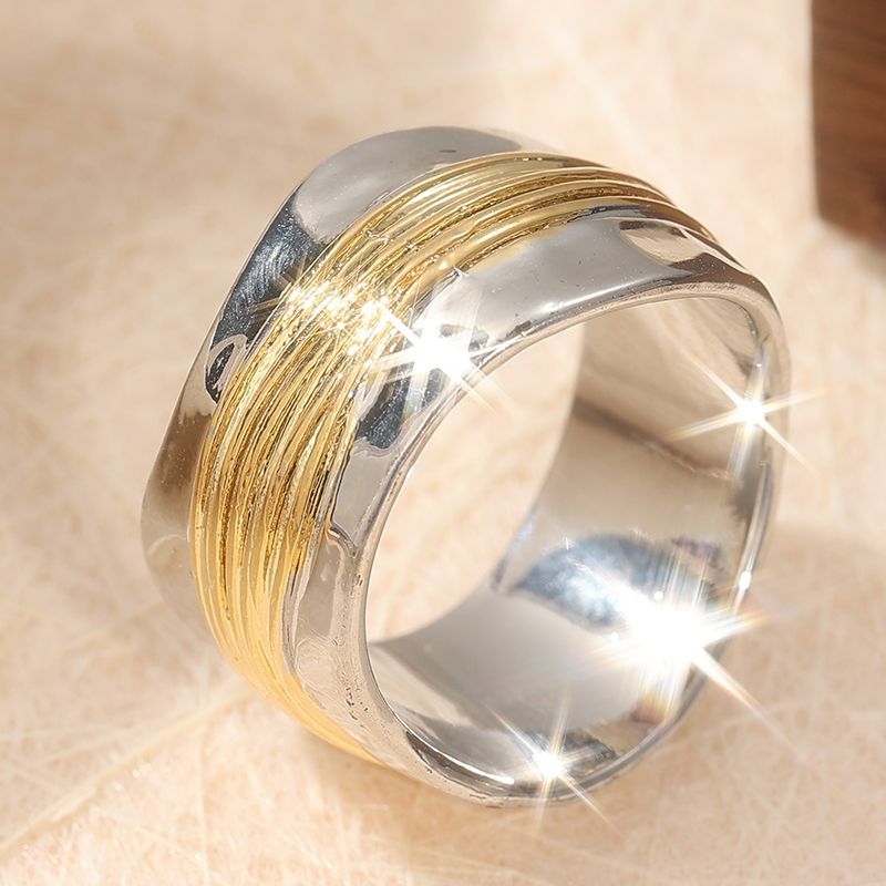 Unique Gold And Silver Colour-blocked Wide Band Designer Ring_voghion.com