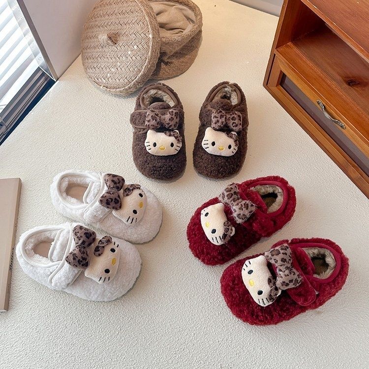 韩版女童毛毛2025冬季新款豹纹儿童KT加绒保暖软底防滑棉鞋加厚