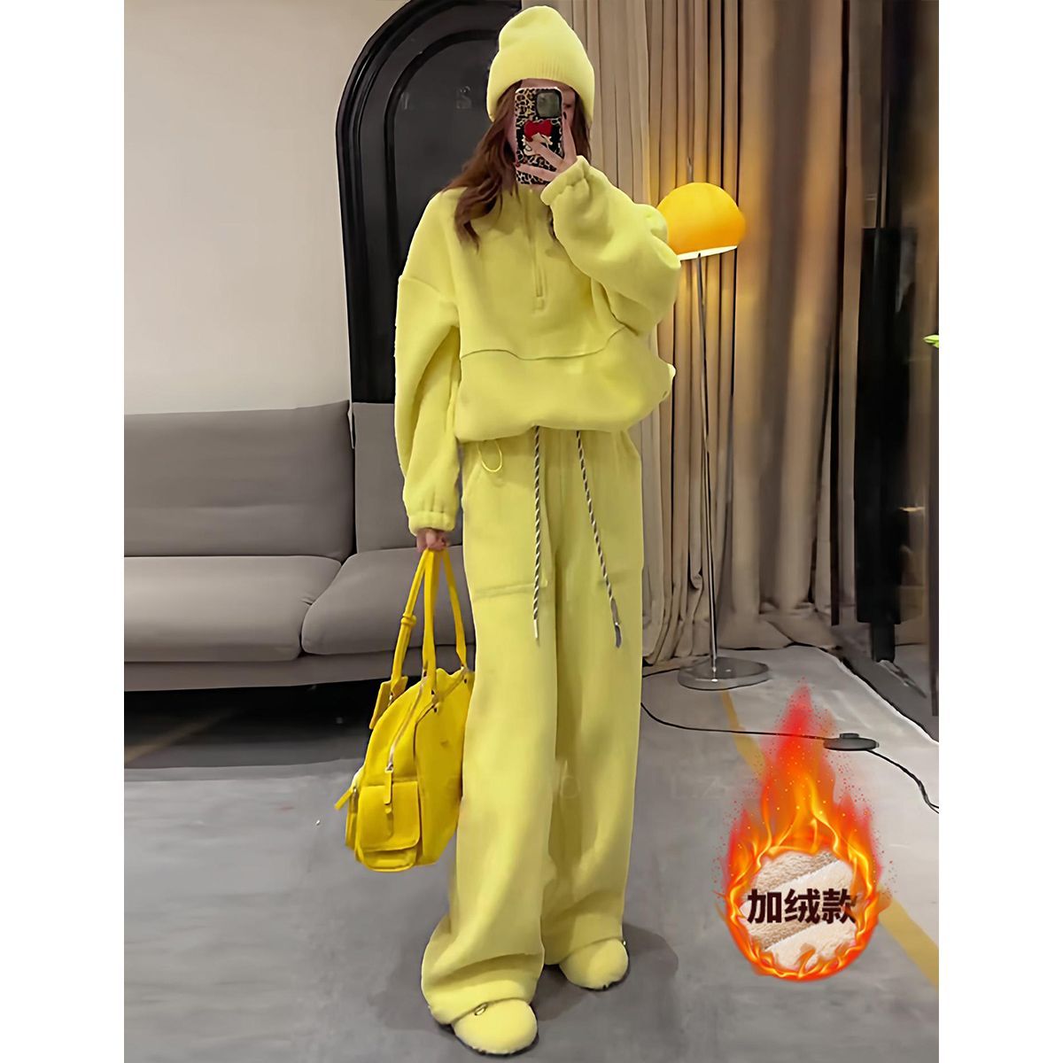 秋冬韩系新款时尚黄色套装好看休闲卫衣加绒一整套立领高腰两件套