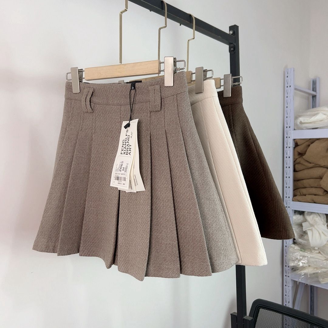 商场撤店爆款厚款斜纹毛呢百褶裙女冬季高腰学院风A字短裙半身裙