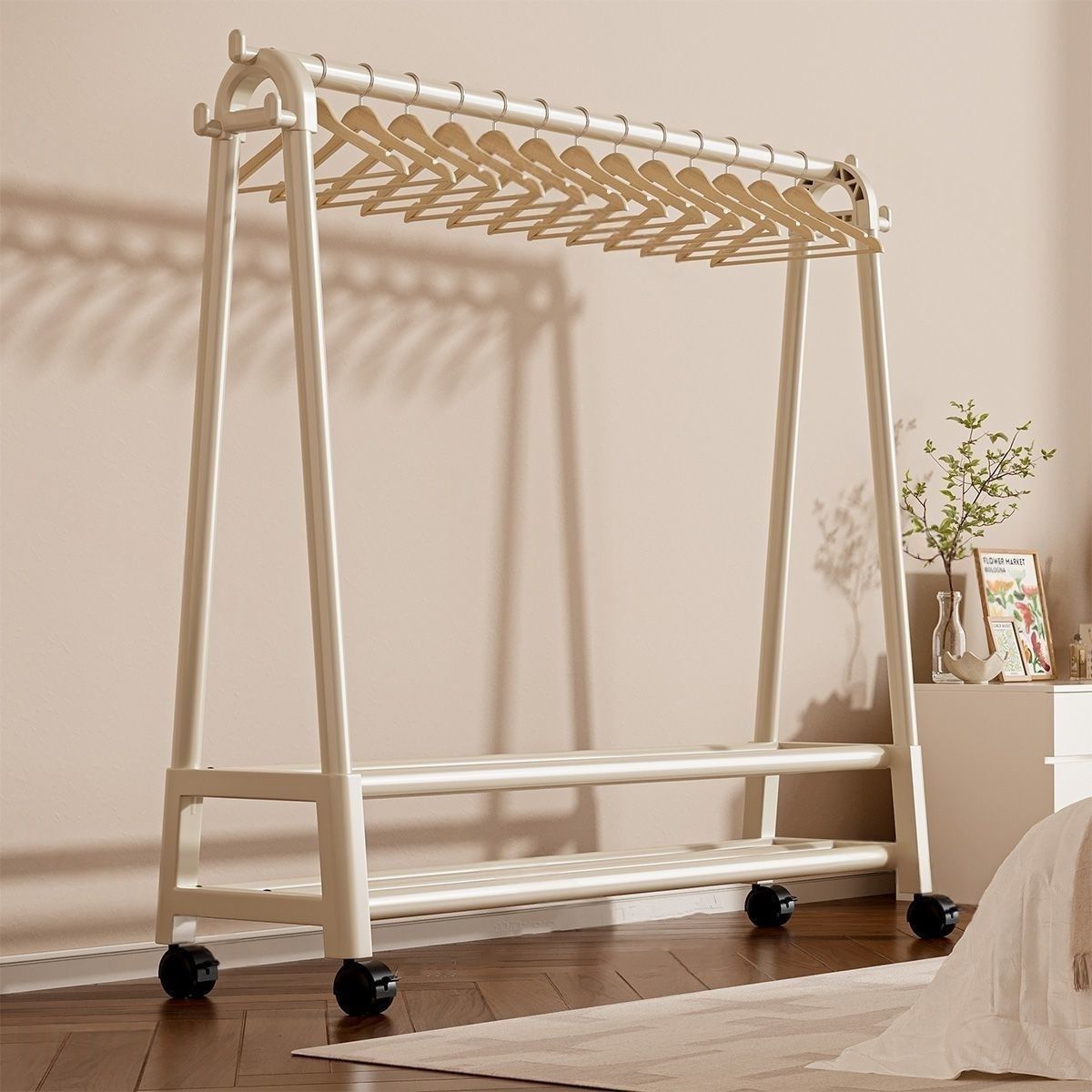落地衣架加厚加粗衣架落地立式衣柜双杆移动宿舍衣架家用卧室阳台