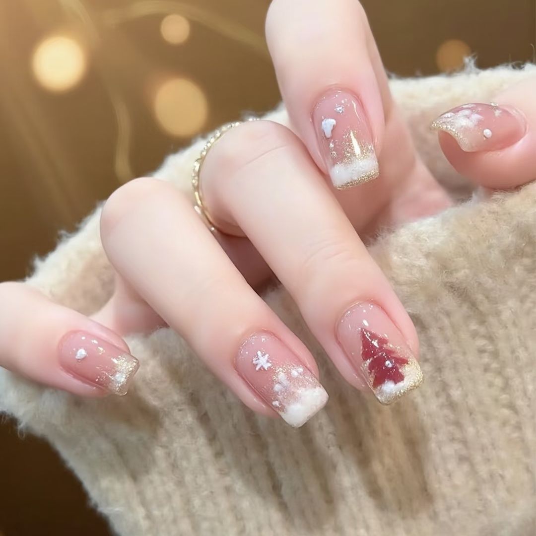 闪亮圣诞美甲·手工定制冰晶软甲单色美甲穿戴甲椭圆形蝴蝶纯手工