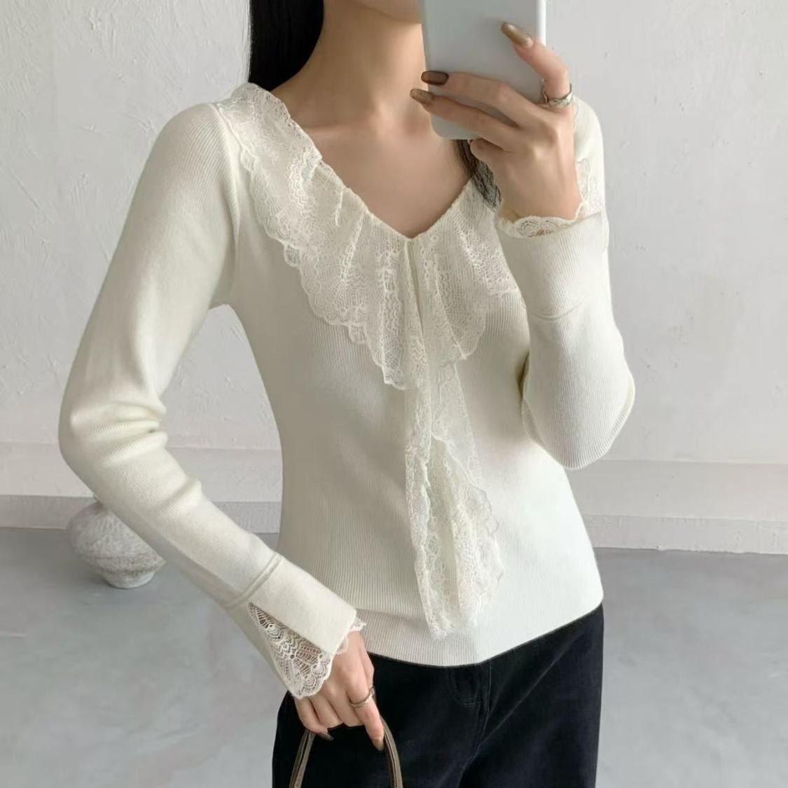 Designed Lace Patchwork High-End Elegant Long-Sleeve Knit New Base Layer Top Hot-Selling Fashionable Age-Reducing_ecoleips.com