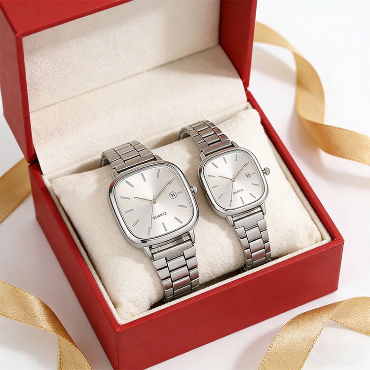 2025 New Model Couple Commuting Quartz Wristwatch, Unisex Simple Rectangular Dial, Metal Strap, Date Display_voghion.com