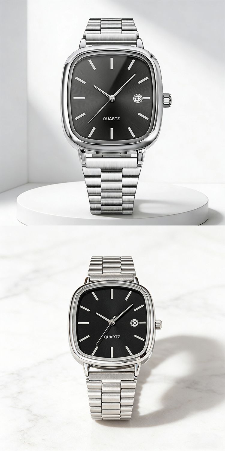2025 New Model Couple Commuting Quartz Wristwatch, Unisex Simple Rectangular Dial, Metal Strap, Date Display_voghion.com