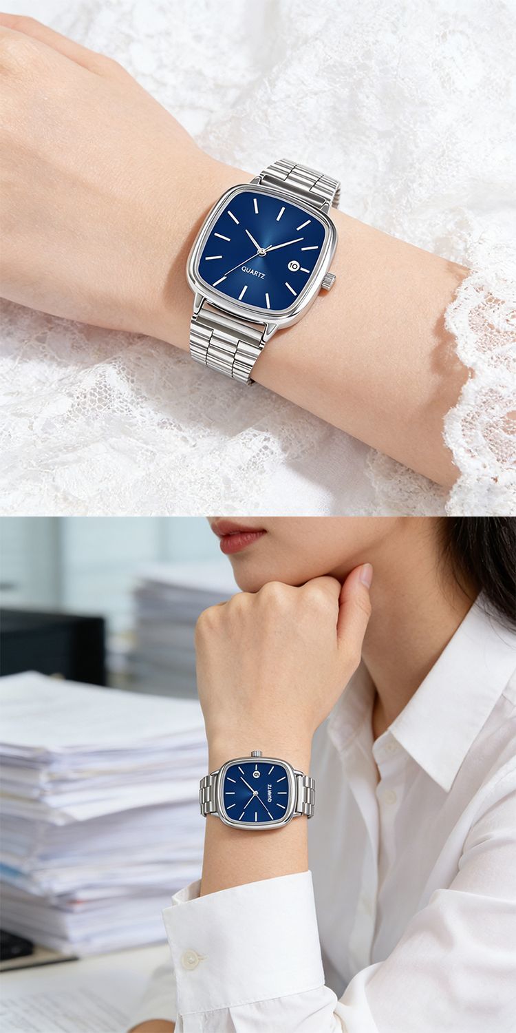 2025 New Model Couple Commuting Quartz Wristwatch, Unisex Simple Rectangular Dial, Metal Strap, Date Display_voghion.com