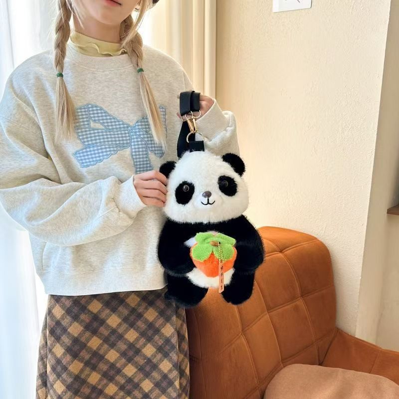 熊猫新款好柿发生毛绒双肩包柿柿如意卡通少女洋气背包外出玩偶包