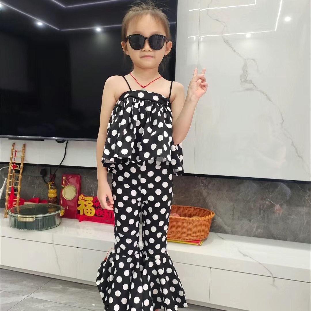 Retro-Outfit im Hongkong-Stil für Mädchen, kreatives Mode-Set aus Tube-Top und Schlaghose, Polka-Dot-Muster, geeignet für_voghion.com