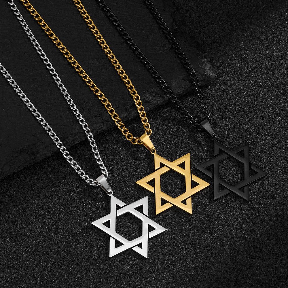 Colar masculino em aço inoxidável com pingente de estrela de seis pontas, design sofisticado e elegante, com um pingente vazado minimalista. Produto novo e unissex._voghion.com