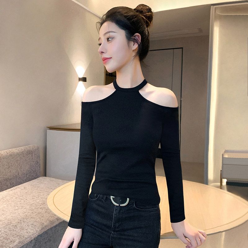 黑色挂脖打底衫女2026新款秋冬高级感内搭长袖修身设计感露肩上衣