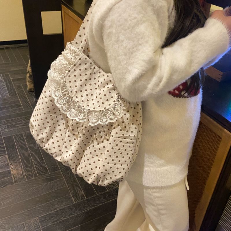春季波点蕾丝手提包蕾丝花边单肩包温柔百搭花朵高级大容量云朵包 图片 2