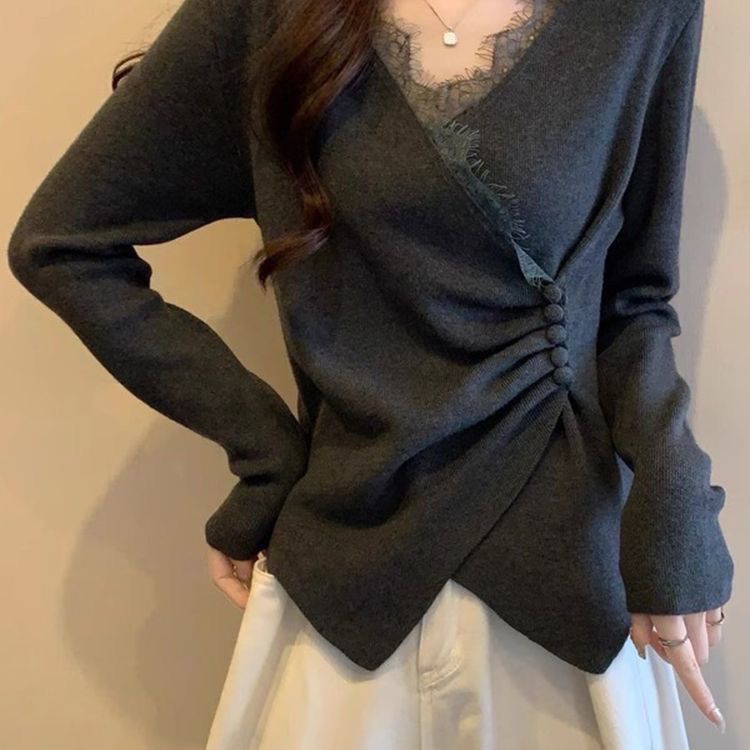 欧货蕾丝拼接V领德绒T恤女设计感高级女装秋冬收腰遮肚内搭打底衫