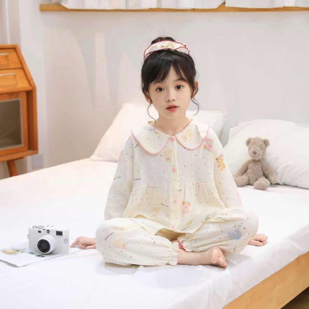 女童A类纯棉纱布长袖套装娃娃领花边家居服睡衣时尚洋气可爱卡通