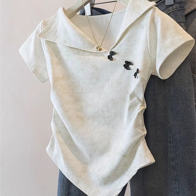错过太可惜!设计感翻领扎染短袖T恤女夏季不规则蝴蝶结收腰上衣潮