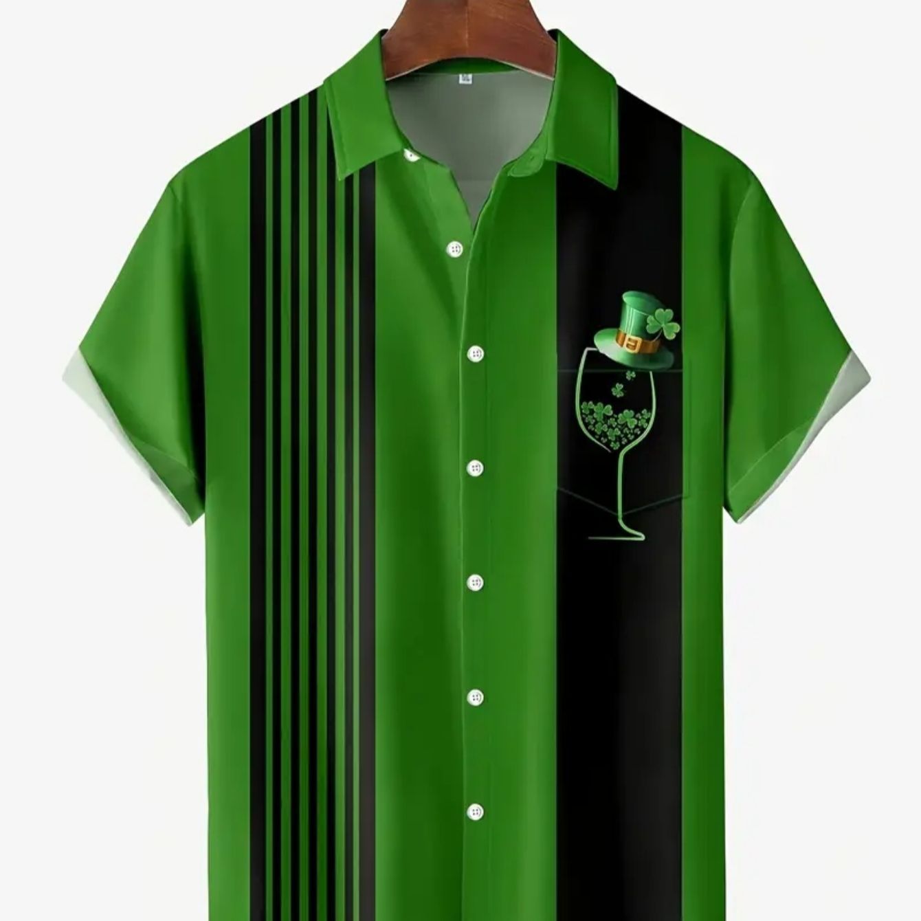 St. Patrick's Day Green Black Striped For Men, Clover And Wine Glass Print, Loose-fitting Sho-sleeved Personalized_voghion.com