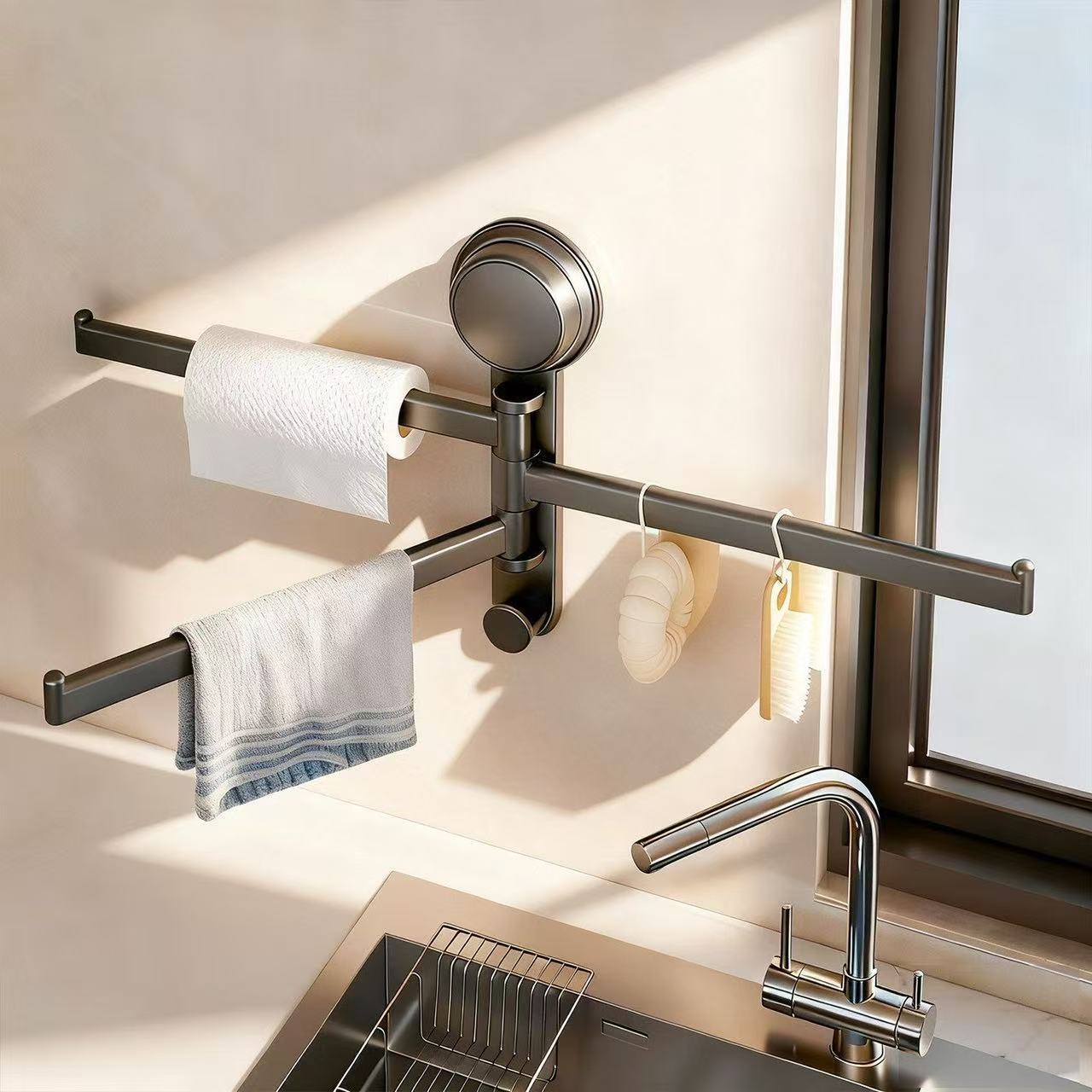 Suction Cup Kitchen Cloth Storage Dishwashing Sink Window Sill Draining Wall-Mounted Multi-Rod Rotatable Towel Rack_voghion.com