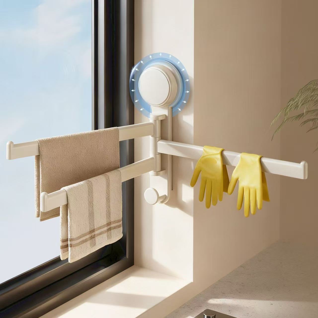 Suction Cup Kitchen Cloth Storage Dishwashing Sink Window Sill Draining Wall-Mounted Multi-Rod Rotatable Towel Rack_voghion.com