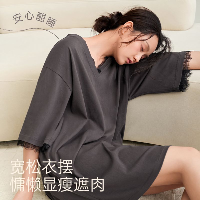 安之伴春夏纯棉睡裙女轻奢纯欲蕾丝V领家居服女士高级感休闲睡衣