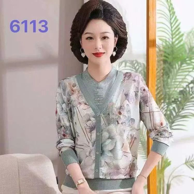 时尚春装新款妈妈装假两件印花布衫上衣女