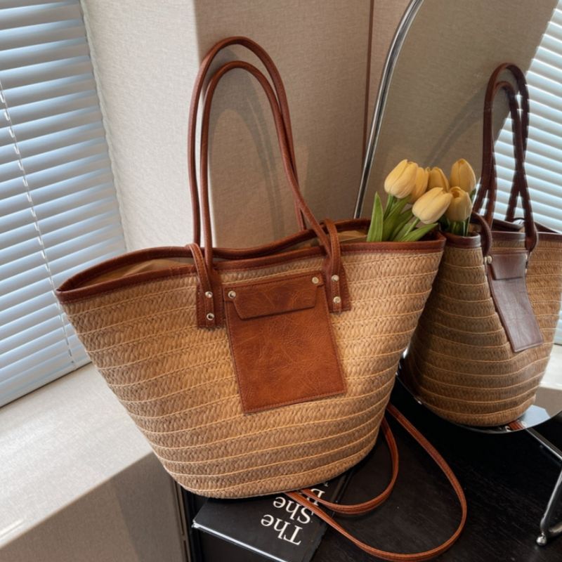 Geflochtene Stroh Beuteltasche Für Damen Große Strand Schultertasche_voghion.com