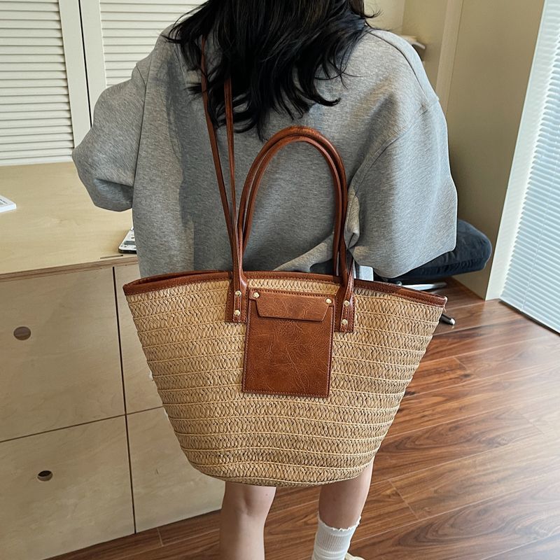 Borsa a secchiello monospalla in paglia intrecciata di grande capacità per le donne, 2026, nuova borsa da spiaggia in paglia_voghion.com