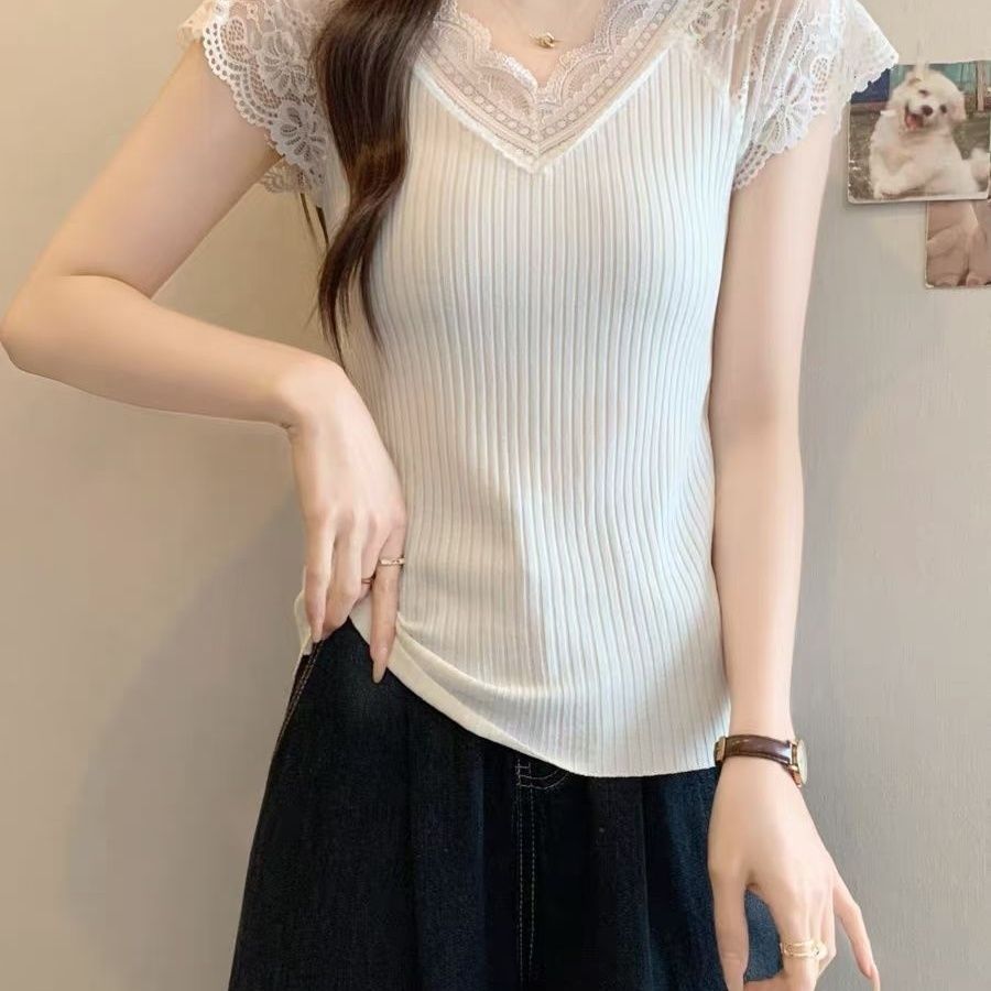 蕾丝拼接内搭微胖美背短袖打底衫清仓