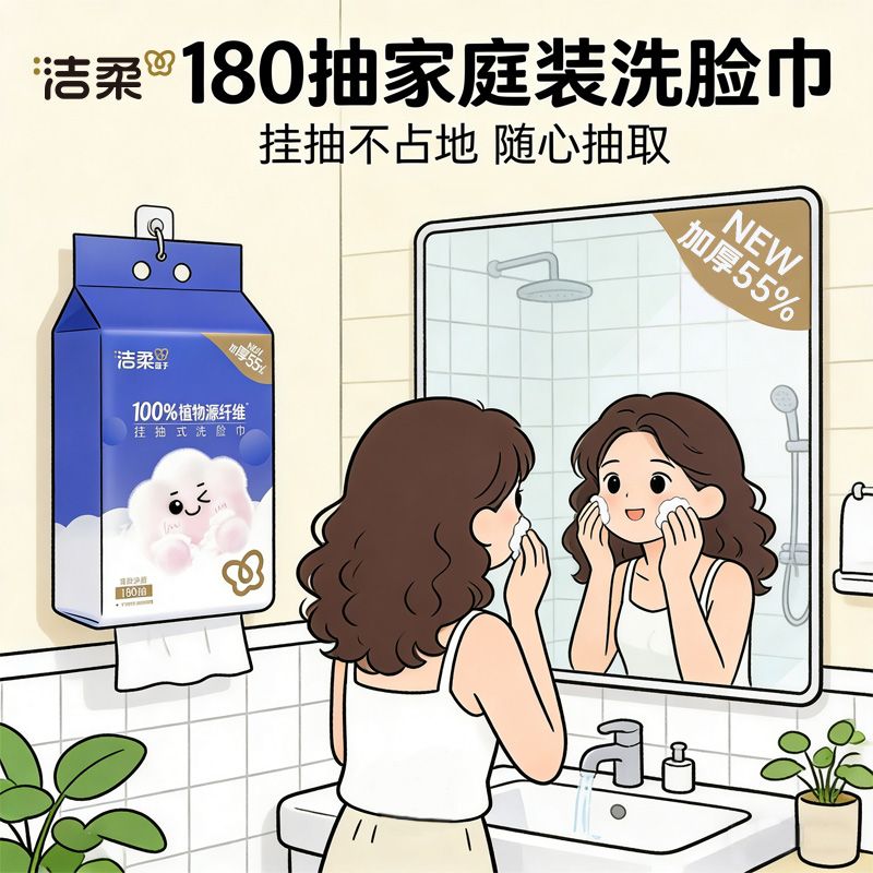 洁柔洗脸巾大包悬挂式180抽一次性开学家用洁面巾干湿两用壁挂式