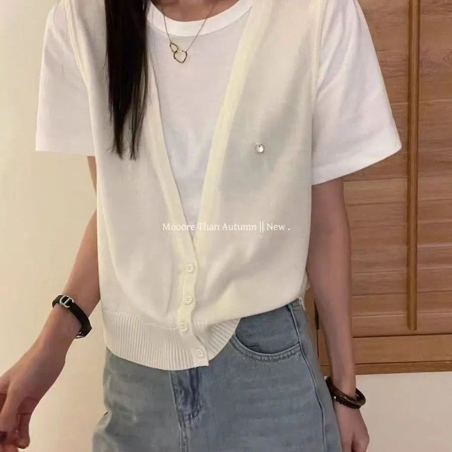2026夏季新款女装短袖针织衫假两件拼接款式款式修身显瘦透气上衣 图片 7