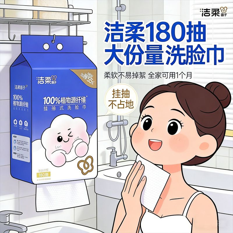 洁柔洗脸巾悬挂式大包抽拉式180抽壁挂式家用住宿生干湿两用面巾