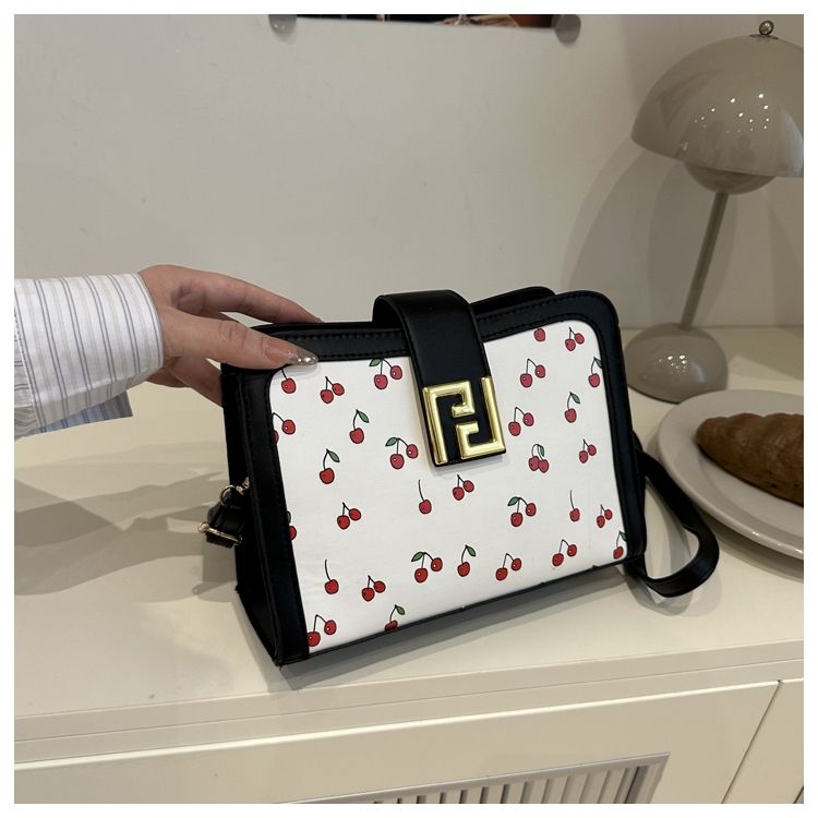 Stylish Colour-blocked Crossbody Bag With Cute Cherry Print_voghion.com