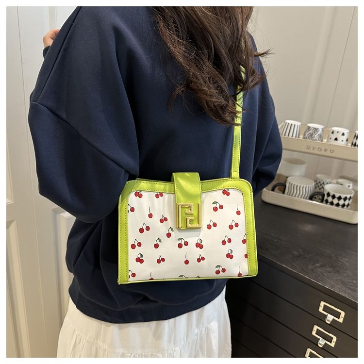 Stylish Colour-blocked Crossbody Bag With Cute Cherry Print_voghion.com
