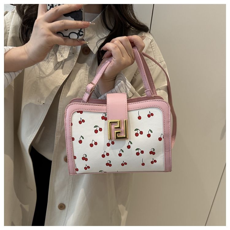 Stylish Colour-blocked Crossbody Bag With Cute Cherry Print_voghion.com