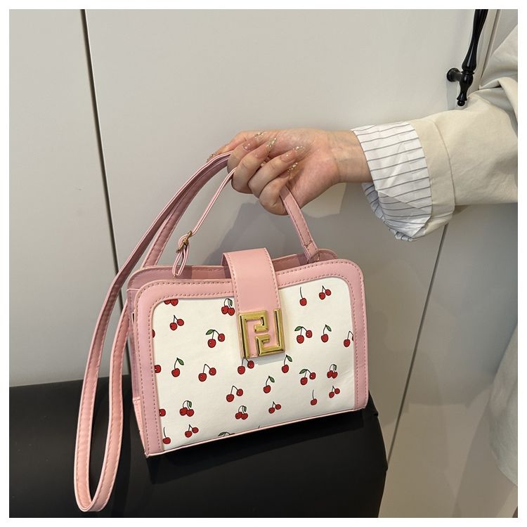 Stylish Colour-blocked Crossbody Bag With Cute Cherry Print_voghion.com