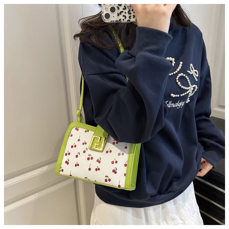 Stylish Colour-blocked Crossbody Bag With Cute Cherry Print_voghion.com