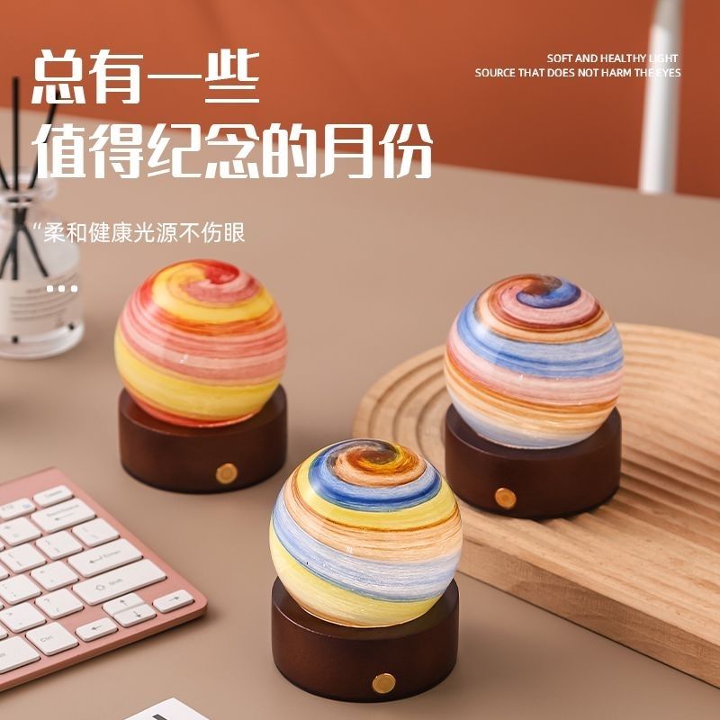精致十二月令小夜灯胡桃木色触摸充电玻璃卧室灯浪漫高级生日礼物