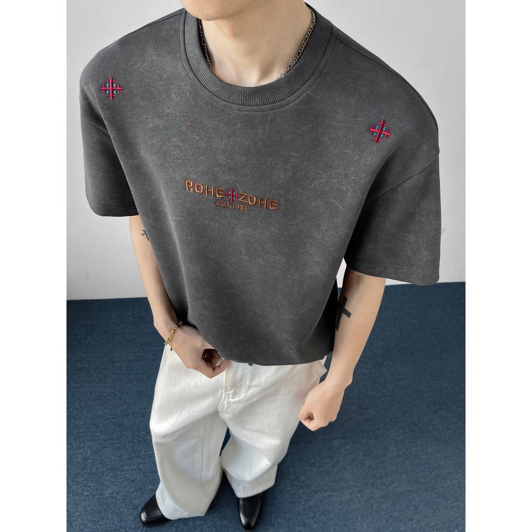 PDKN潮牌 美式字母刺绣扎染短袖T恤男2026夏季新款五分袖轻奢上衣【3天内发货】 图片 5