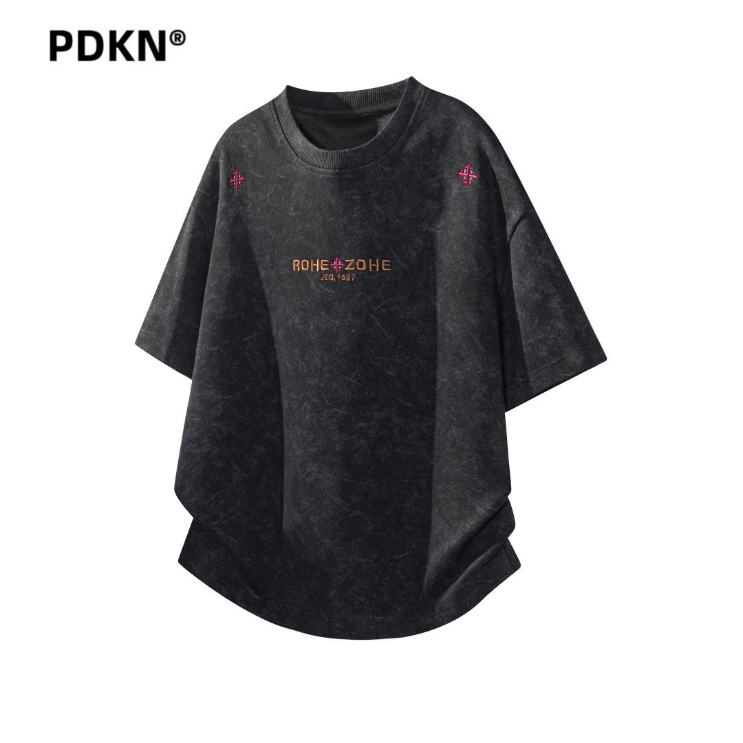 PDKN潮牌 美式字母刺绣扎染短袖T恤男2026夏季新款五分袖轻奢上衣3天内发货