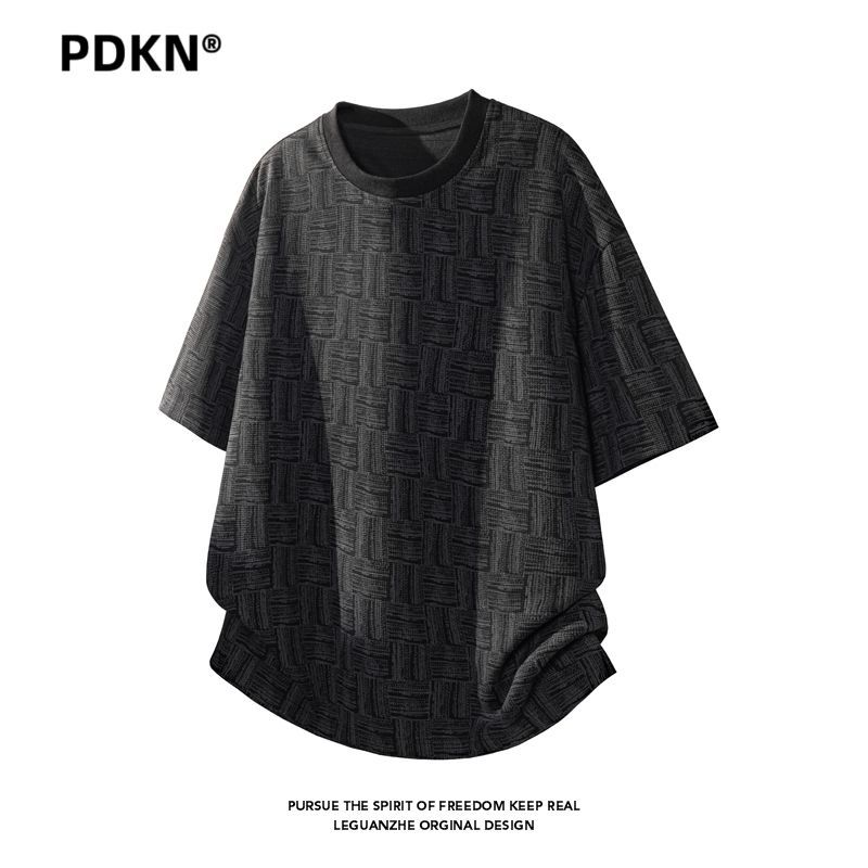 PDKN潮牌 复古提花格子短袖T恤衫男2026夏季新款青少年五分袖上衣3天内发货