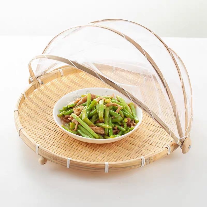 网罩簸箕防虫竹编制品筛子家用食品晾晒防蝇收纳筐纱网竹篮可折叠