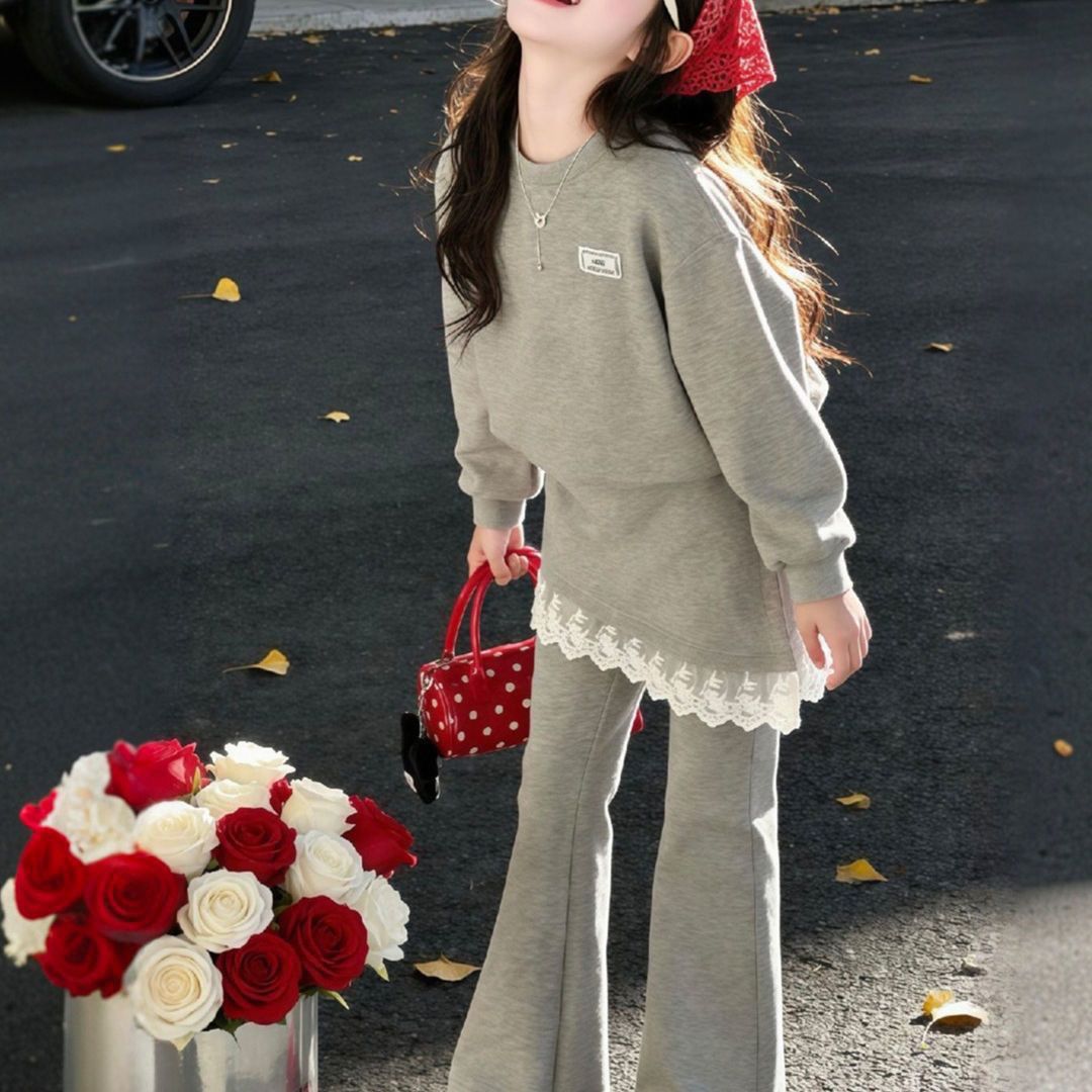 Conjunto de sweatshirt estilo coreano para menina com calças_voghion.com